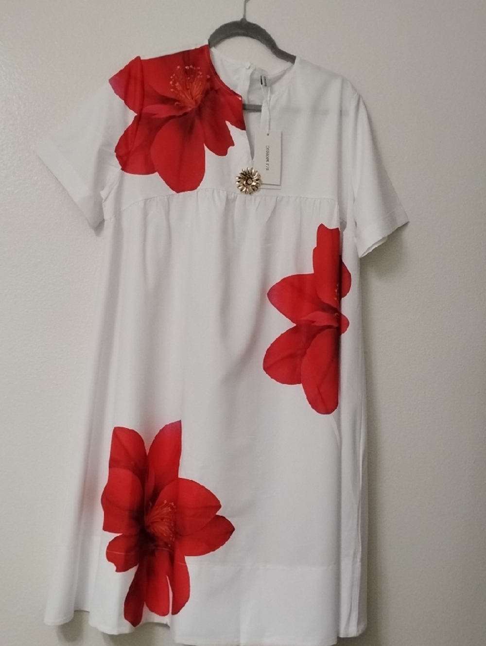 White Midi Dress with Bold Red Floral Print by (no brand)